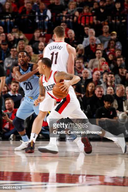 Shabazz Napier of the Portland Trail Blazers handles the ball against the Memphis Grizzlies on April 1, 2018 at the Moda Center Arena in Portland,...