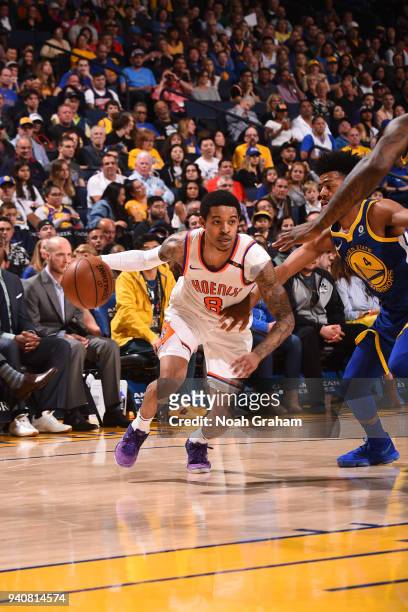 Tyler Ulis of the Phoenix Suns handles the ball against the Golden State Warriors on April 1, 2018 at ORACLE Arena in Oakland, California. NOTE TO...