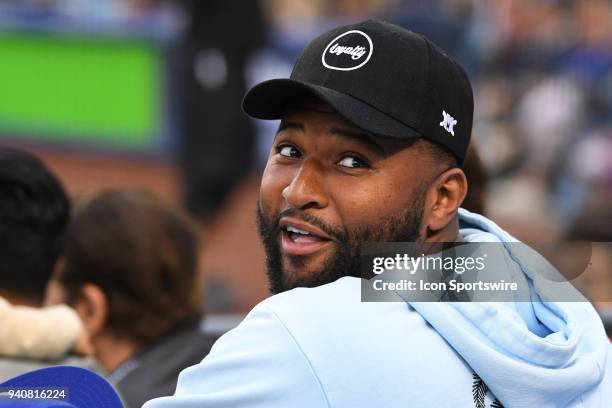 DeMarcus Cousins of the New Orleans Pelicans looks on during a MLB game between the San Francisco Giants and the Los Angeles Dodgers on April 1, 2018...
