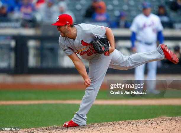 Dominic Leone of the St. Louis Cardinals in action against the New York Mets at Citi Field on April 1, 2018 in the Flushing neighborhood of the...