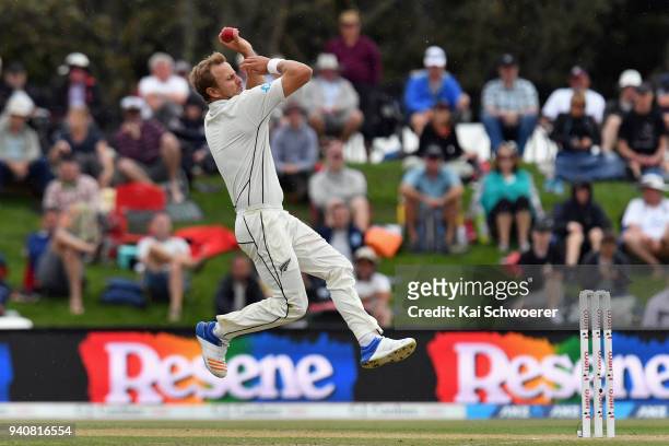 Neil Wagner of New Zealand runs in to bowl during day four of the Second Test match between New Zealand and England at Hagley Oval on April 2, 2018...