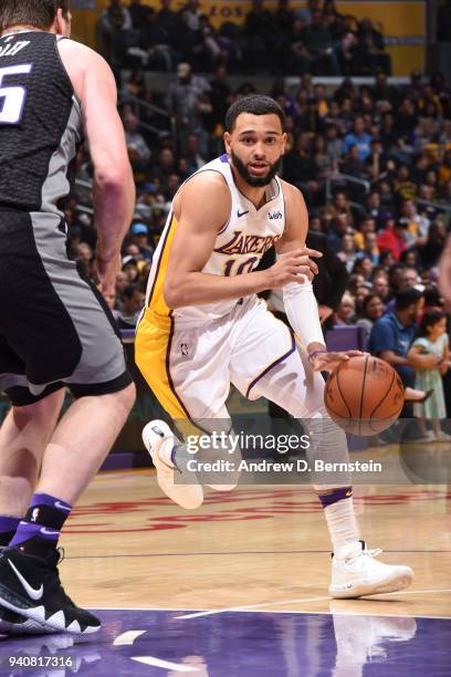 Tyler Ennis of the Los Angeles Lakers handles the ball against the Sacramento Kings on April 1, 2018 at STAPLES Center in Los Angeles, California....