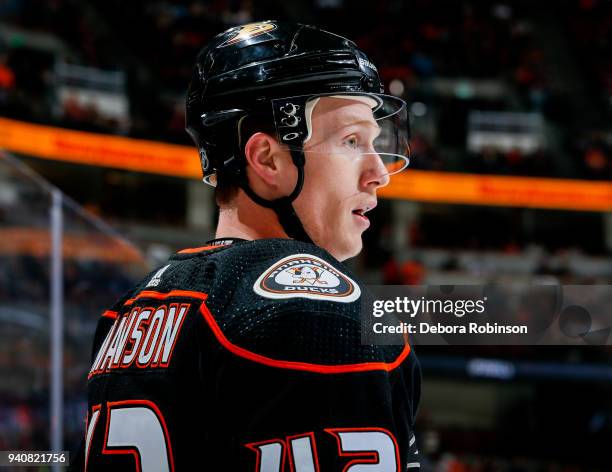 Josh Manson of the Anaheim Ducks waits for play to begin during the second period of the game against the Colorado Avalanche at Honda Center on April...