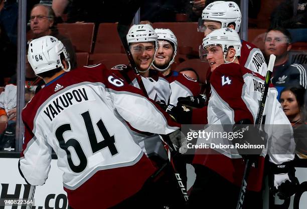 Nail Yakupov of the Colorado Avalanche joins Tyson Jost, Alexander Kerfoot, Nikita Zadorov and Tyson Barrie to celebrate Jost's second-period goal...