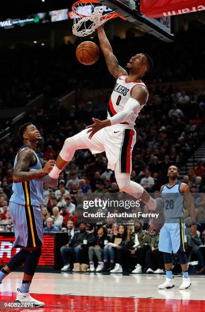 Damian Lillard of the Portland Trail Blazers dunks against the Memphis Grizzlies at Moda Center on April 1, 2018 in Portland, Oregon.NOTE TO USER:...