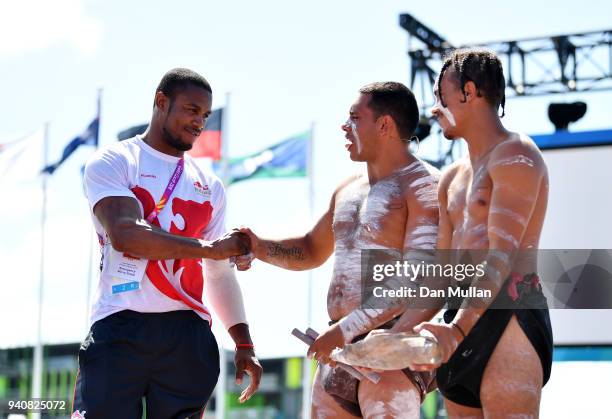 Cheavon Clarke of England takes part in the Team England welcome ceremony at the Athletes Village ahead of the 2018 Commonwealth Games on April 2,...