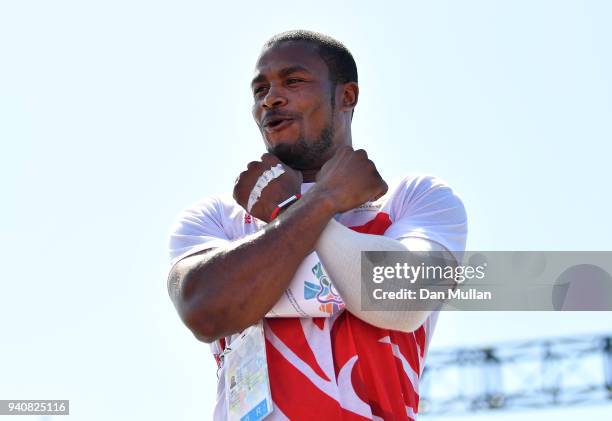 Cheavon Clarke of England takes part in the Team England welcome ceremony at the Athletes Village ahead of the 2018 Commonwealth Games on April 2,...