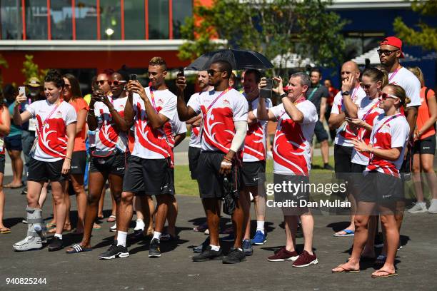 Members of the England team look on during their welcome ceremony at the Athletes Village ahead of the 2018 Commonwealth Games on April 2, 2018 in...