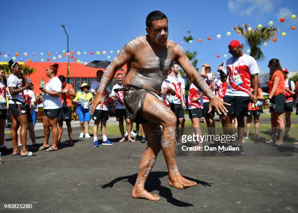 An aboriginal dance is performed during the Team England welcome ceremony at the Athletes Village ahead of the 2018 Commonwealth Games on April 2,...