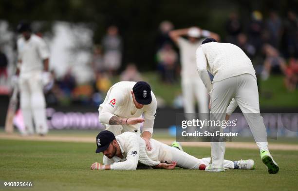 England slip Ben Stokes reacts after James Vince had dropped Tom Latham during day four of the Second Test Match between the New Zealand Black Caps...