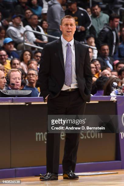 Head Coach David Joerger of the Sacramento Kings reacts to a play during the game against the Los Angeles Lakers on April 1, 2018 at STAPLES Center...