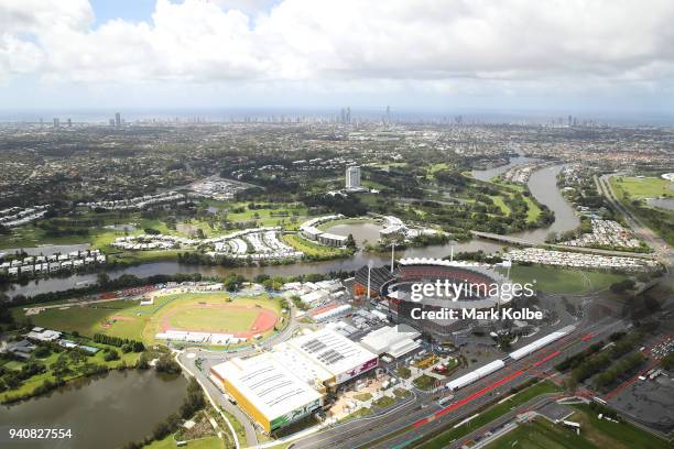 An aerial general view of Carrara Stadium is seen with the Gold Coast skyline behind ahead of the 2018 Commonwealth Games on April 2, 2018 in Gold...