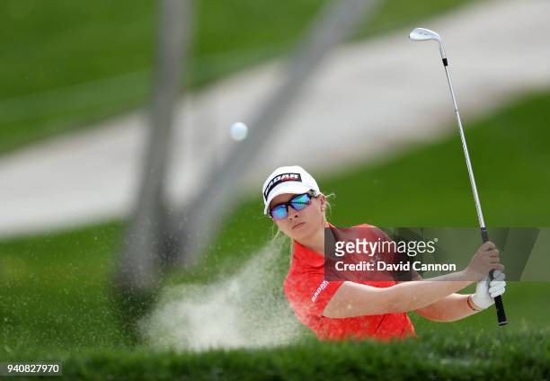 Jodi Ewart Shadoff of England plays her second shot on the eighth hole during the final round of the 2018 ANA Inspiration on the Dinah Shore...