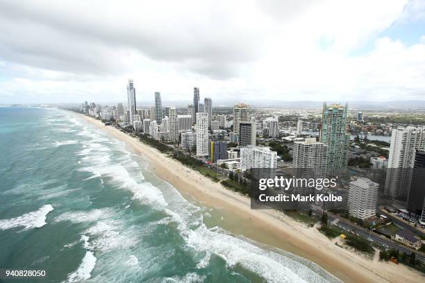 An aerial general view of the Gold Coast skyline is seen ahead of the 2018 Commonwealth Games on April 2, 2018 in Gold Coast, Australia.