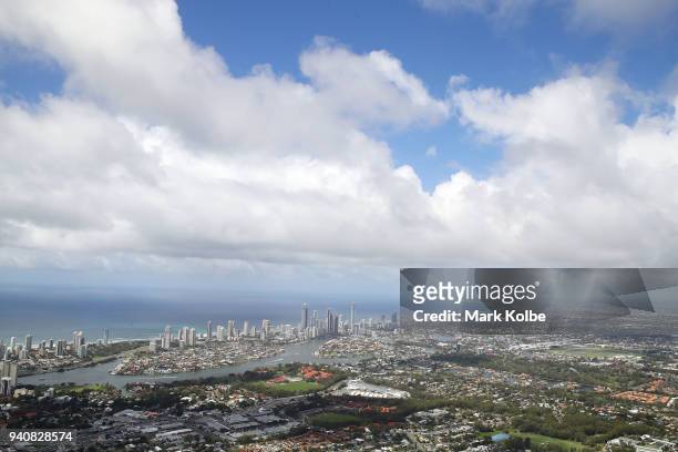 An aerial general view of the Gold Coast skyline is seen ahead of the 2018 Commonwealth Games on April 2, 2018 in Gold Coast, Australia.