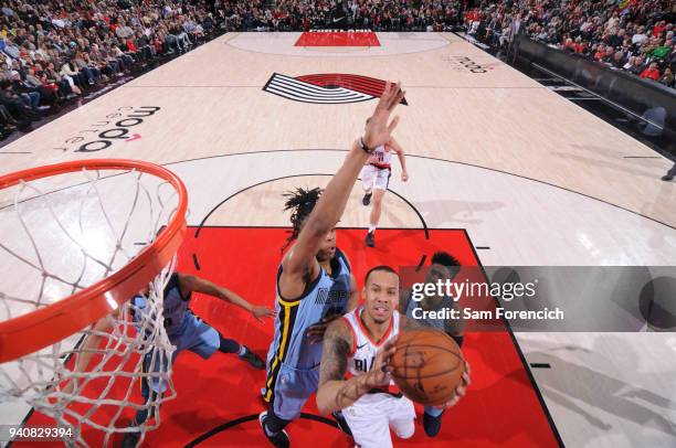 Shabazz Napier of the Portland Trail Blazers shoots the ball against the Memphis Grizzlies on April 1, 2018 at the Moda Center Arena in Portland,...