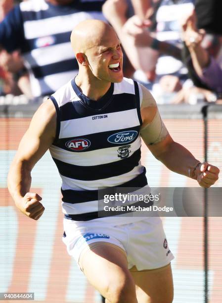 Gary Ablett of the Cats celebrates a goal during the round two AFL match between the Geelong Cats and the Hawthorn Hawks at Melbourne Cricket Ground...