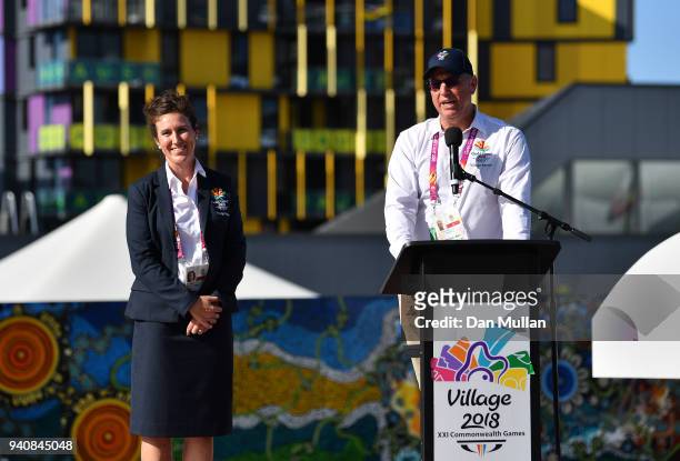 Mark Stockwell, Village Mayor speaks during the Team Australia welcome ceremony at the Athletes Village ahead of the 2018 Commonwealth Games on April...