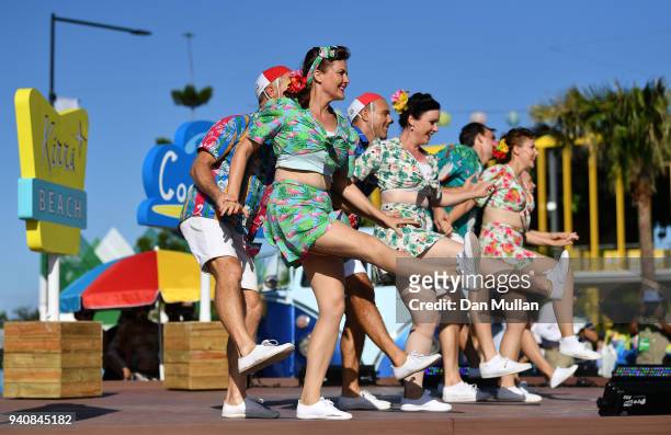 Dancers perform during the Team Australia welcome ceremony at the Athletes Village ahead of the 2018 Commonwealth Games on April 2, 2018 in Gold...