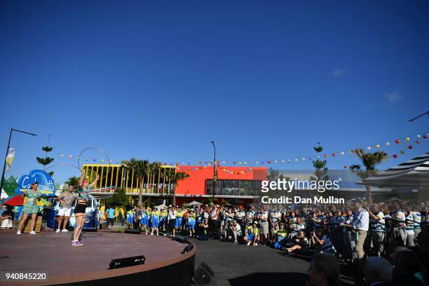 Dancers perform during the Team Australia welcome ceremony at the Athletes Village ahead of the 2018 Commonwealth Games on April 2, 2018 in Gold...