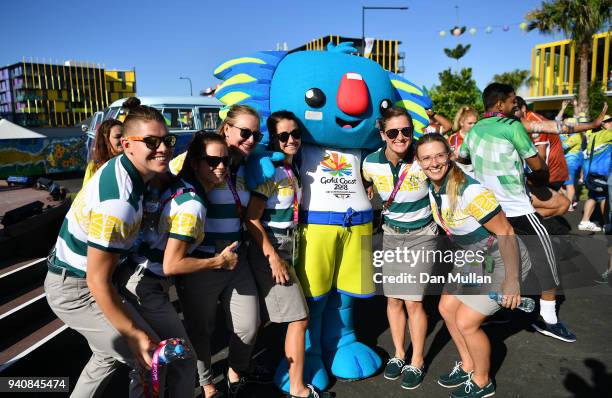 Members of team Australia pose with Matilda, the Commonwealth Games Mascot during the Team Australia welcome ceremony at the Athletes Village ahead...