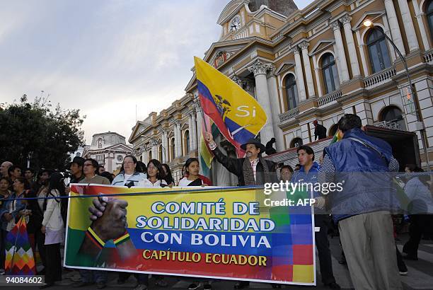 Supporters of Bolivian President Evo Morales celebrate his reelection in La Paz on Diciembre 6, 2009. Bolivia's leftist President Evo Morales won a...