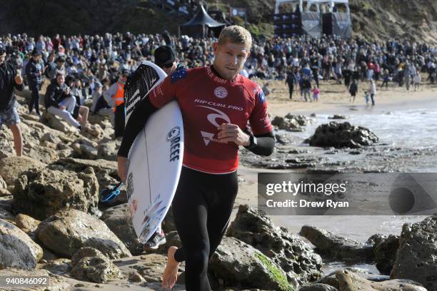 Mick Fanning is swamped by fans ahead of his third round in the Rip Curl Pro Bells Beach at Bells Beach on April 2, 2018 in Melbourne, Australia.