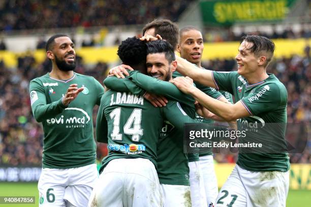 Remy Cabella of Saint Etienne celebrates after scoring a goal during the Ligue 1 match between FC Nantes and AS Saint Etienne on April 1, 2018 in...