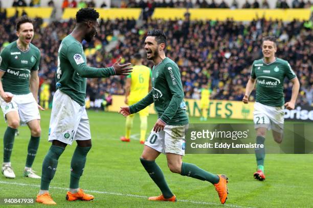 Remy Cabella of Saint Etienne celebrates with Jonathan Bamba of Saint Etienne after scoring a goal during the Ligue 1 match between FC Nantes and AS...