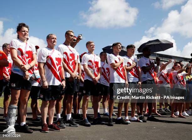 Team England boxers with Sandy Ryan during the Welcome ceremony during the Welcome ceremony at The Athletes Village for the 2018 Commonwealth Games,...