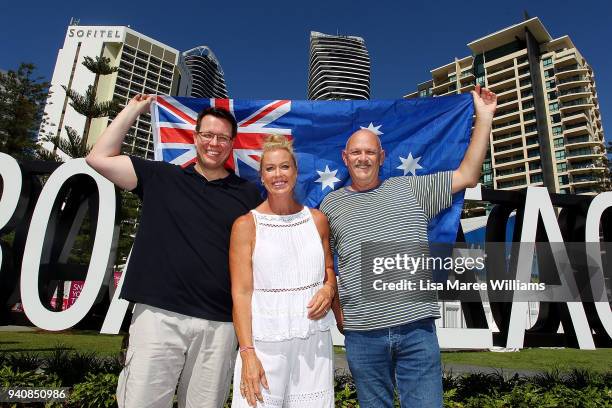 Past Australian flagbearer's Kieren Perkins, Lisa Curry and Rick Mitchell pose ahead of the 2018 Commonwealth Games on April 2, 2018 in Gold Coast,...