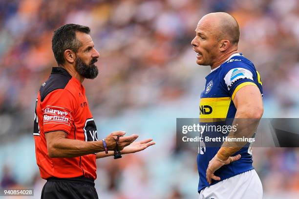 Beau Scott of the Eels speaks to the referee during the round four NRL match between the Wests Tigers and the Parramatta Eels at ANZ Stadium on April...