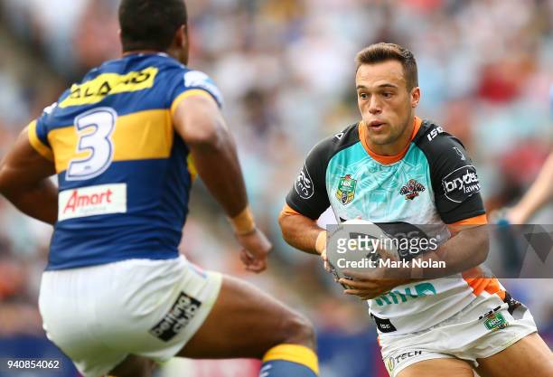 Luke Brooks of the Tigers in action during the round four NRL match between the Wests Tigers and the Parramatta Eels at ANZ Stadium on April 2, 2018...