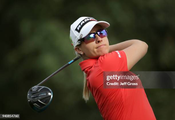 Jodi Ewart Shadoff of England plays her tee shot on the 16th hole during the final round of the ANA Inspiration at Mission Hills Country Club on...