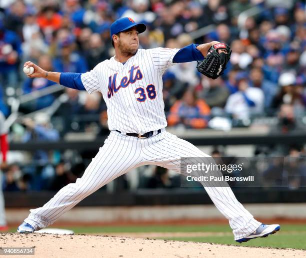 Relief pitcher Anthony Swarzak of the New York Mets pitches during the Mets home opener game of the 2018 MLB baseball season against the St. Louis...