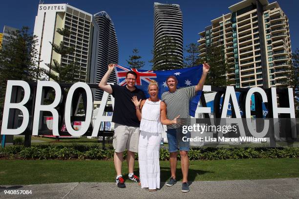 Past Australian flagbearer's Kieren Perkins, Lisa Curry and Rick Mitchell pose ahead of the 2018 Commonwealth Games on April 2, 2018 in Gold Coast,...