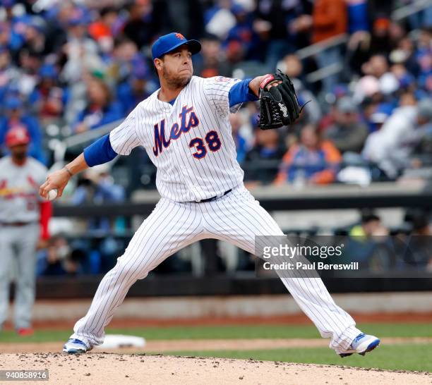 Relief pitcher Anthony Swarzak of the New York Mets pitches during the Mets home opener game of the 2018 MLB baseball season against the St. Louis...