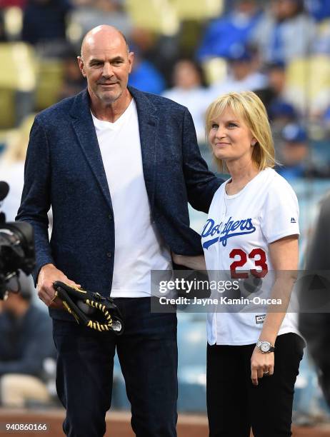 Former MLB player Kirk Gibson and his wife JoAnn Gibson attend the game between the Los Angeles Dodgers and the San Francisco Giants at Dodger...