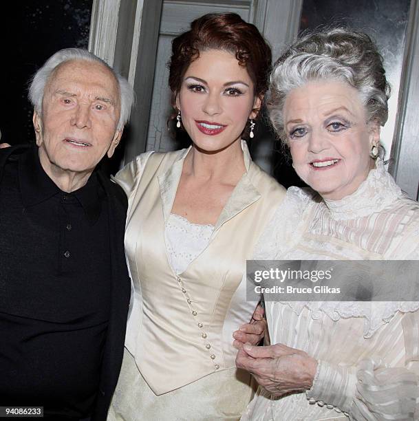 Exclusive Coverage* Kirk Douglas, daughter in-law Catherine Zeta Jones and Angela Lansbury pose backstage at "A Little Night Music" on Broadway at...