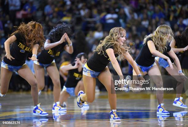 The Golden State Warriors Dance Team performs during an NBA basketball game against the Milwaukee Bucks at ORACLE Arena on March 29, 2018 in Oakland,...