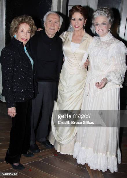 Exclusive Coverage* Anne Douglas, husband Kirk Douglas, daughter in-law Catherine Zeta Jones and Angela Lansbury pose backstage at "A Little Night...