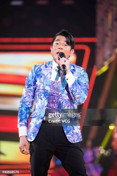 Singer Aaron Kwok performs during a launch ceremony of OPPO R15 on March 31, 2018 in Shenzhen, Guangdong Province of China.