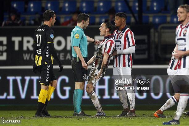 Referee Jochem Kamphuis , Freek Heerkens of Willem II during the Dutch Eredivisie match between Willem II Tilburg and FC Utrecht at Koning Willem II...