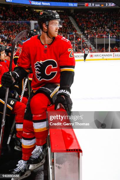Dougie Hamilton of the Calgary Flames gets ready to jump to the ice in an NHL game on March 29, 2018 at the Scotiabank Saddledome in Calgary,...