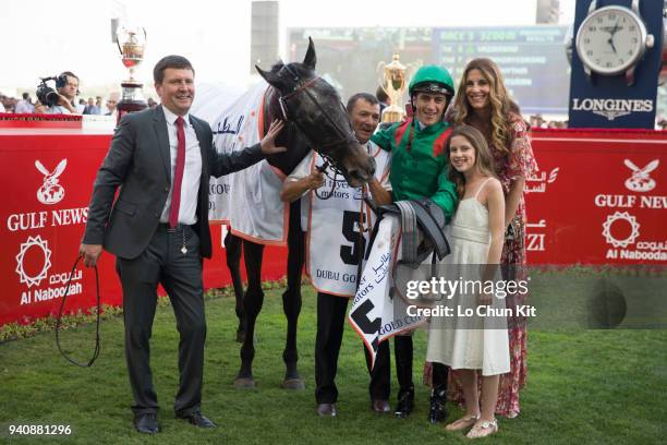 Christophe Soumillon riding Vazirabad wins the Dubai Gold Cup during the Dubai World Cup Day at Meydan Racecourse on March 31, 2018 in Dubai, United...