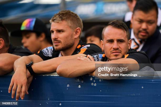 Josh Reynolds of the Tigers looks on from the sidelines during the round four NRL match between the Wests Tigers and the Parramatta Eels at ANZ...