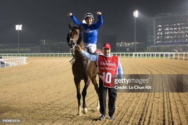 Christophe Soumillon riding Thunder Snow wins the Dubai World Cup at Meydan Racecourse on March 31, 2018 in Dubai, United Arab Emirates.