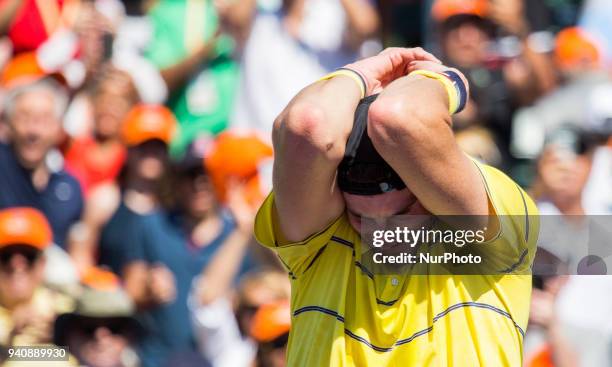 John Isner, from the USA, celebrates his title at the Miami Open, his first ATP Master 1000. Isner defeated Zverez 6-7, 6-4, 6-4 in Key Biscayne, on...