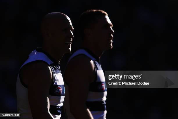 Gary Ablett of the Cats and Joel Selwood look upfield during the round two AFL match between the Geelong Cats and the Hawthorn Hawks at Melbourne...