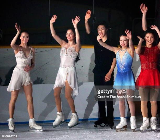 Alina Zagitova, Evgenia Medvedeva, Nathan Chen, Rika Kihira and Kaori Sakamoto applaud fans during the Stars On Ice at Towa Yakuhin Ractab Dome on...